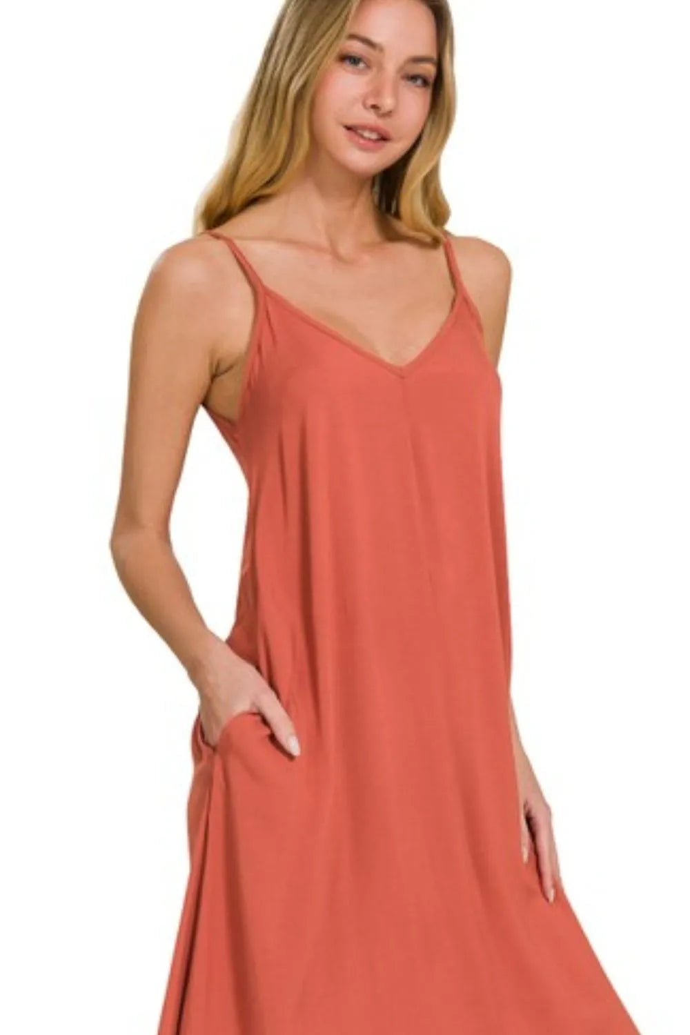 Woven Arc Hem Cami Midi Dress With Flowy Pockets back view