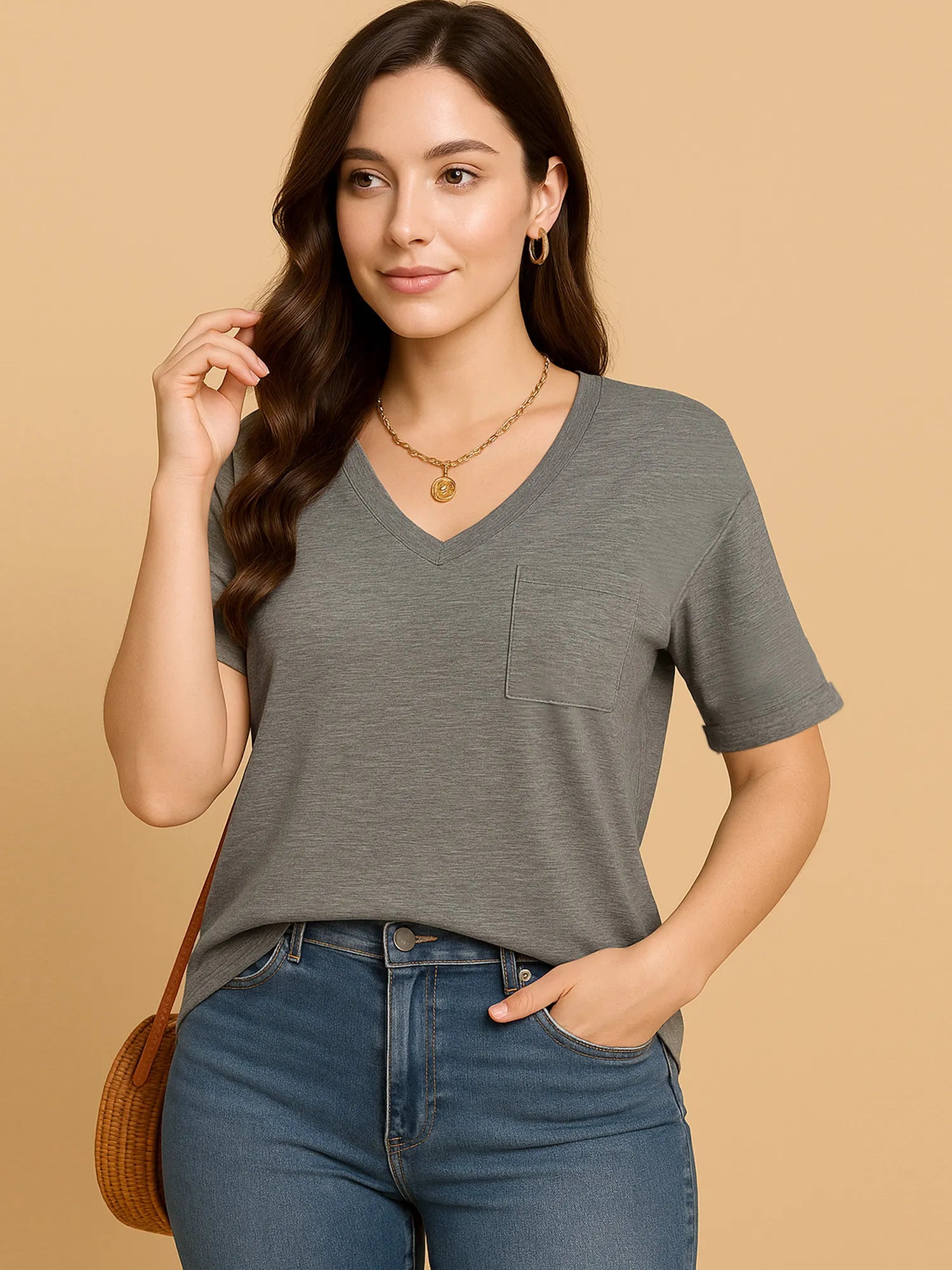 V-Neck Pocket T-Shirt Gray - Fashorio