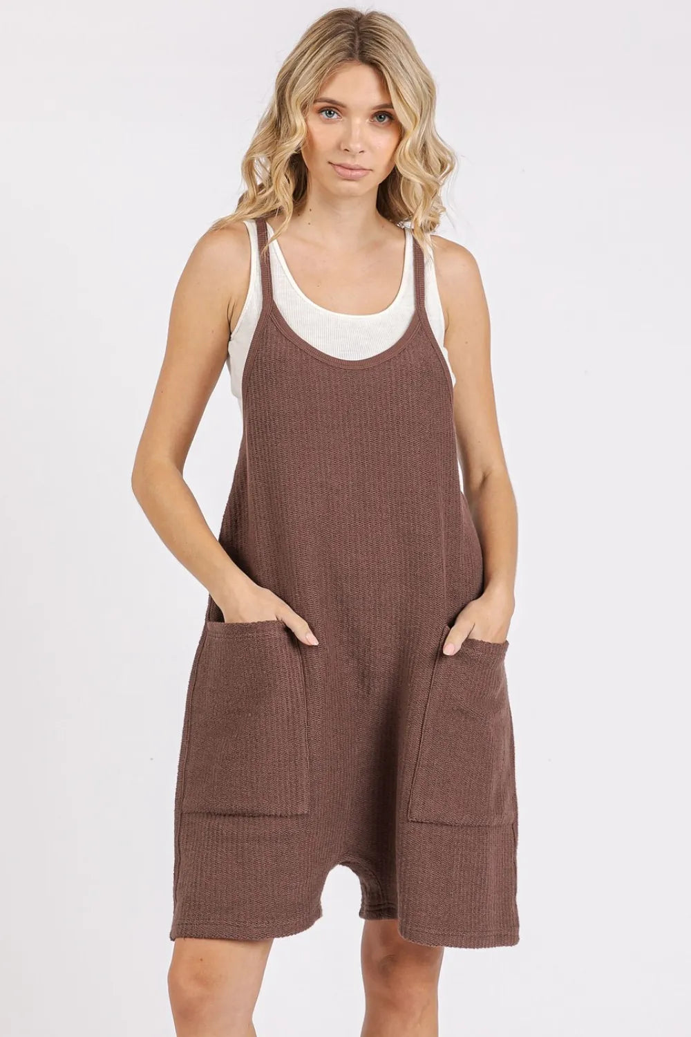 Brown spaghetti strap overalls styled look