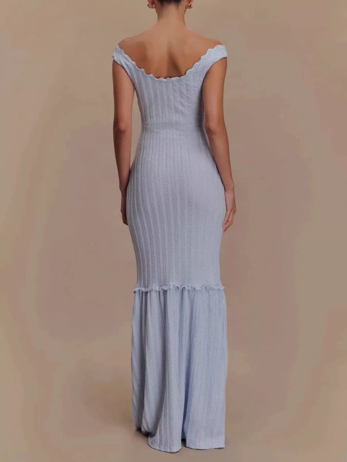 Full length formal look with the off shoulder maxi dress