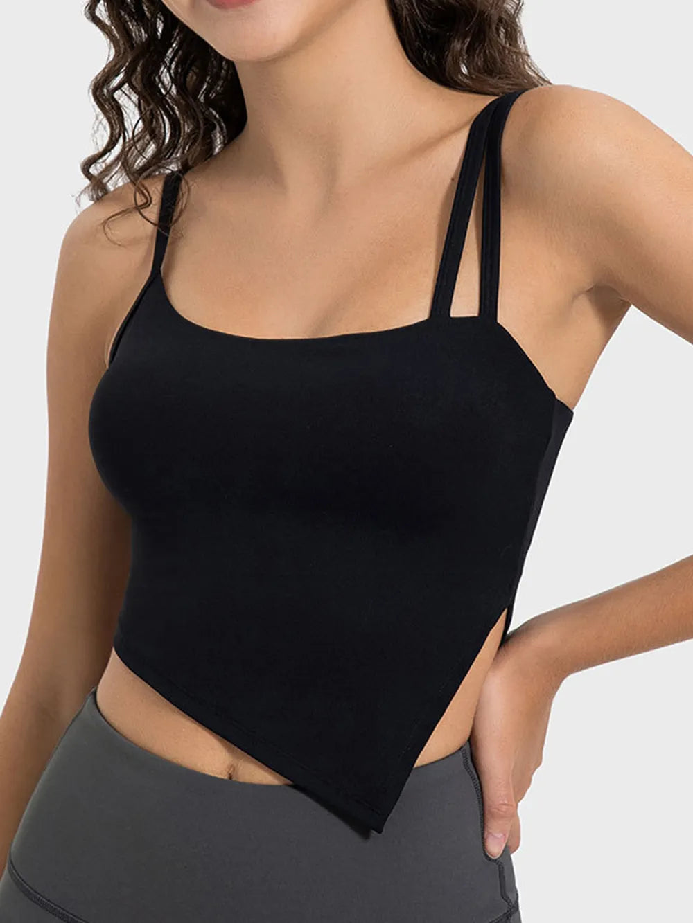 slit asymmetrical neck active cami close up detail