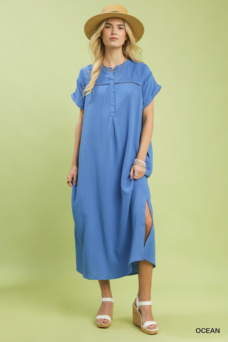 Button Front Gauze Midi Dress with Lace Detail