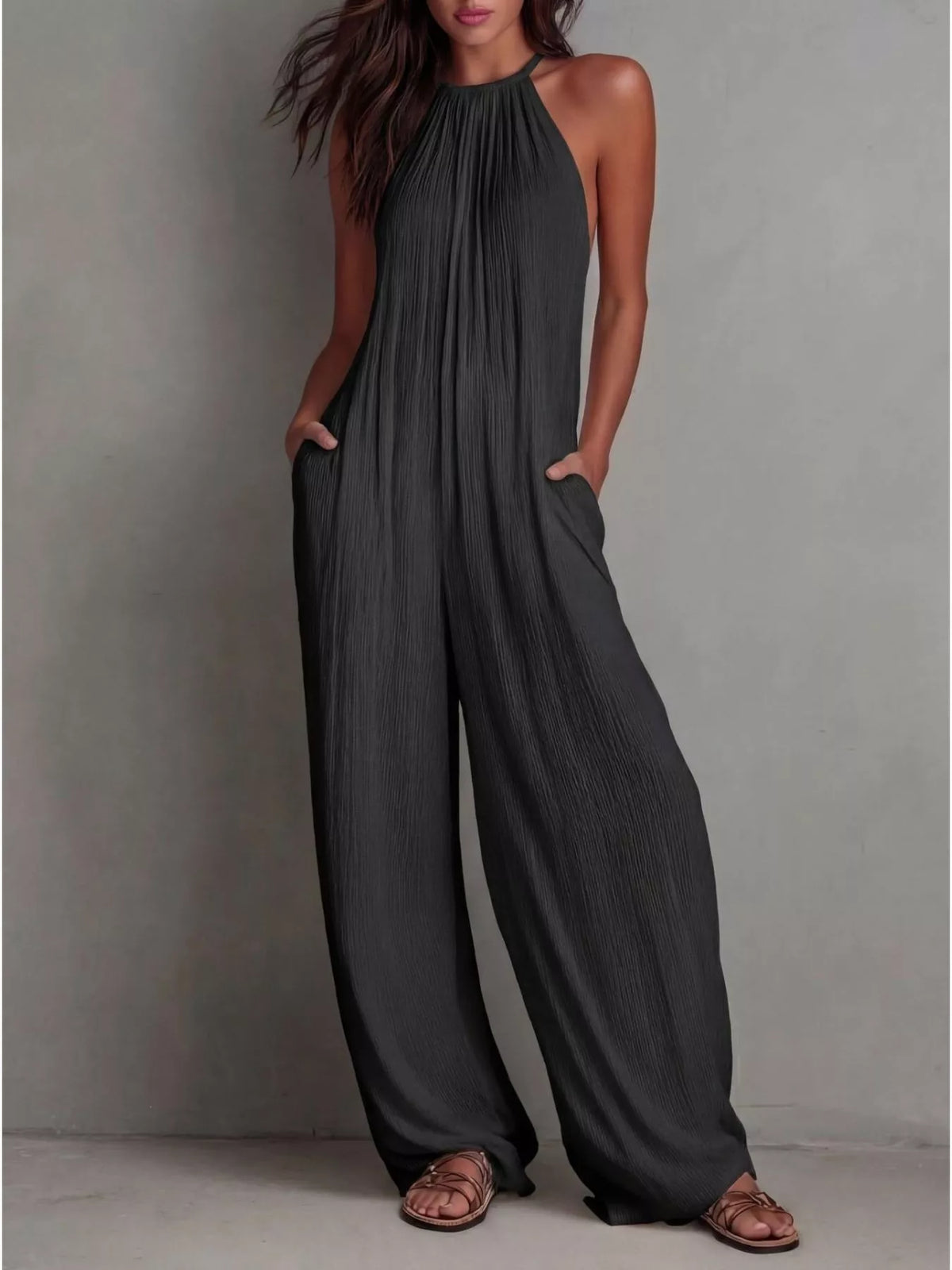 Sleeveless wide leg jumpsuit detail view