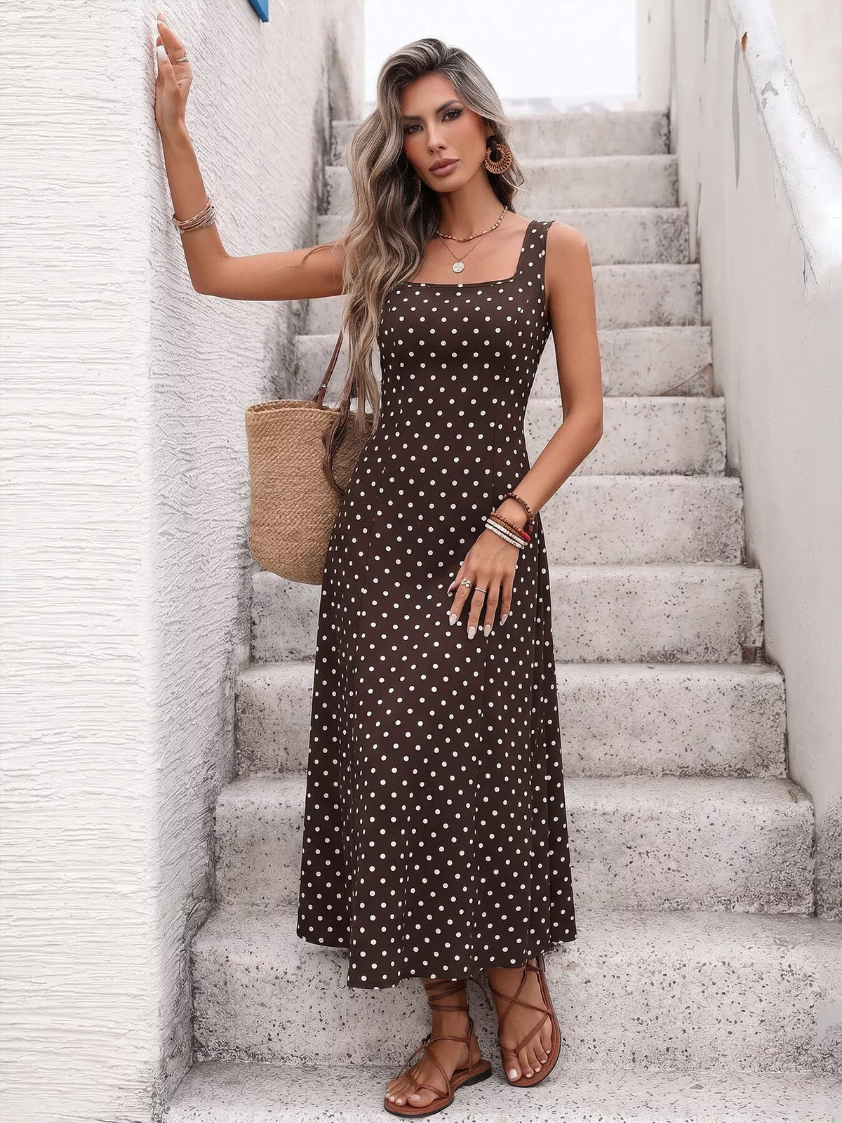 Polka dot sleeveless maxi dress in coffee brown back view