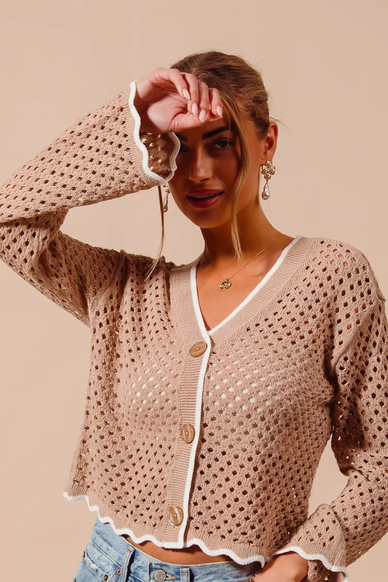 Scallop edge cardigan contrast trim detail