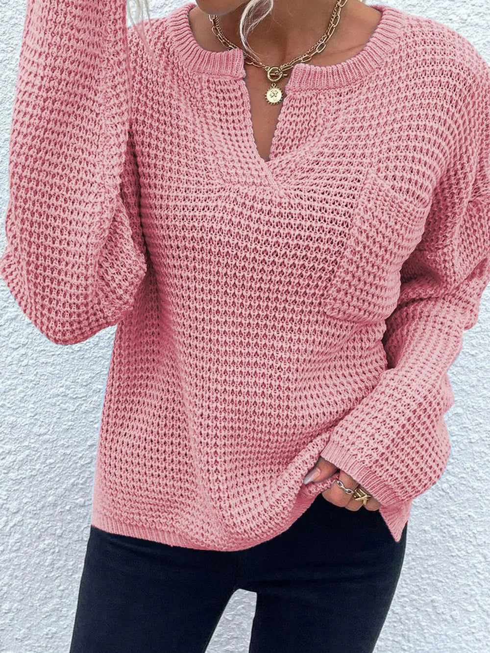 Notched Long Sleeve Sweater - Fashorio