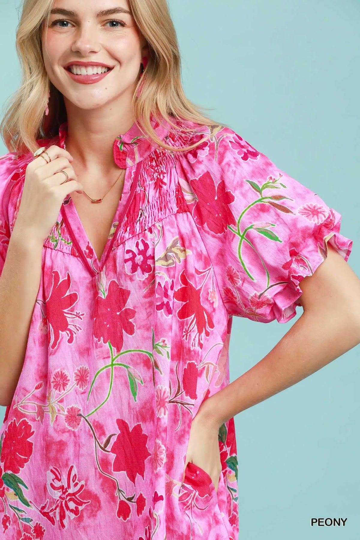 Peony floral ruffle hem mini dress full length view