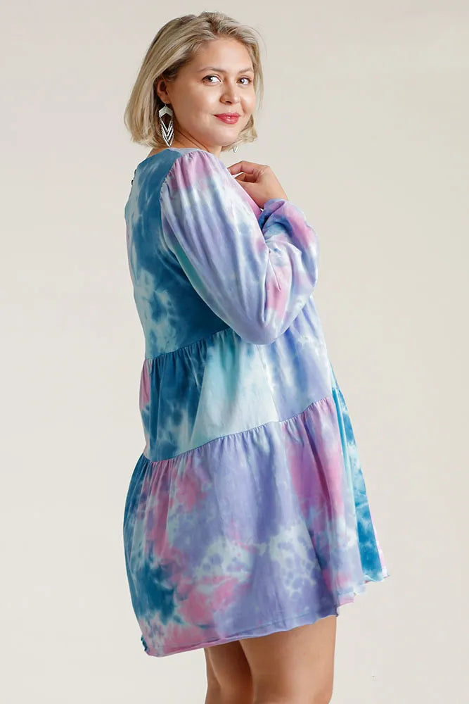 Tie Dye Long Sleeve Babydoll Tiered Dress Plus Size in Teal detail