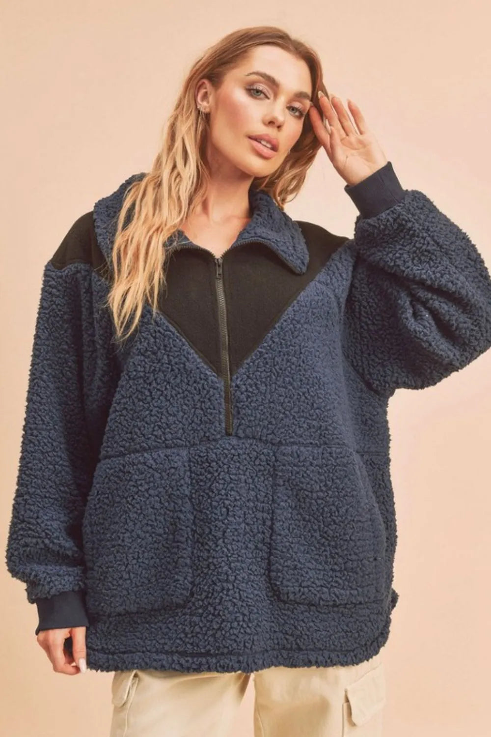 Navy two tone half zip fleece sweatshirt front view