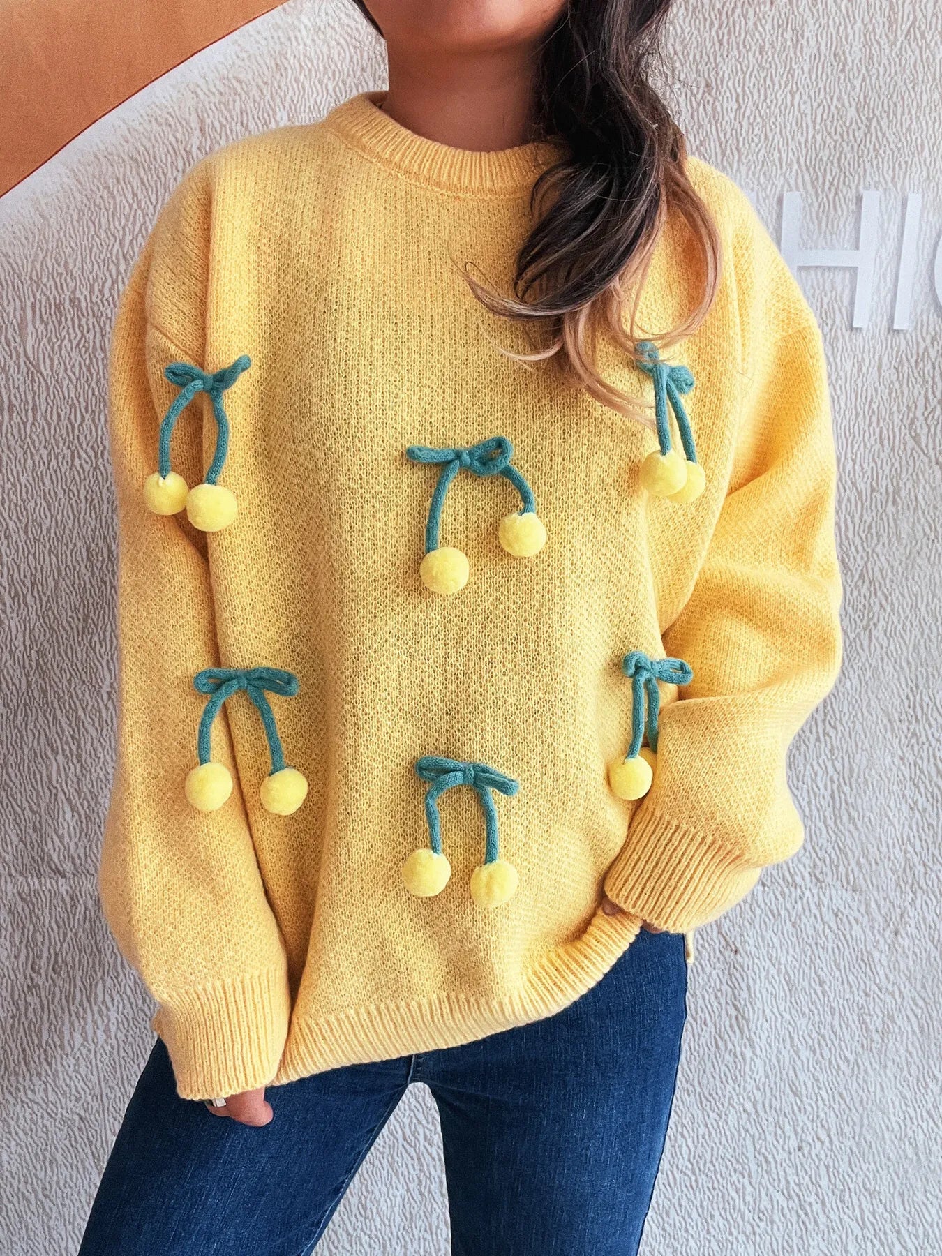 Cherry Round Neck Long Sleeve Sweater - Fashorio