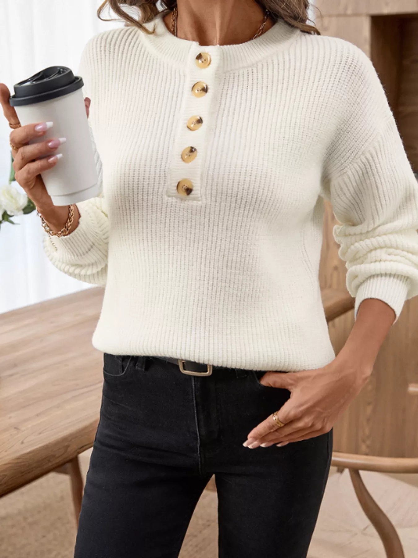 Button Detail Long Sleeve Sweater - Fashorio