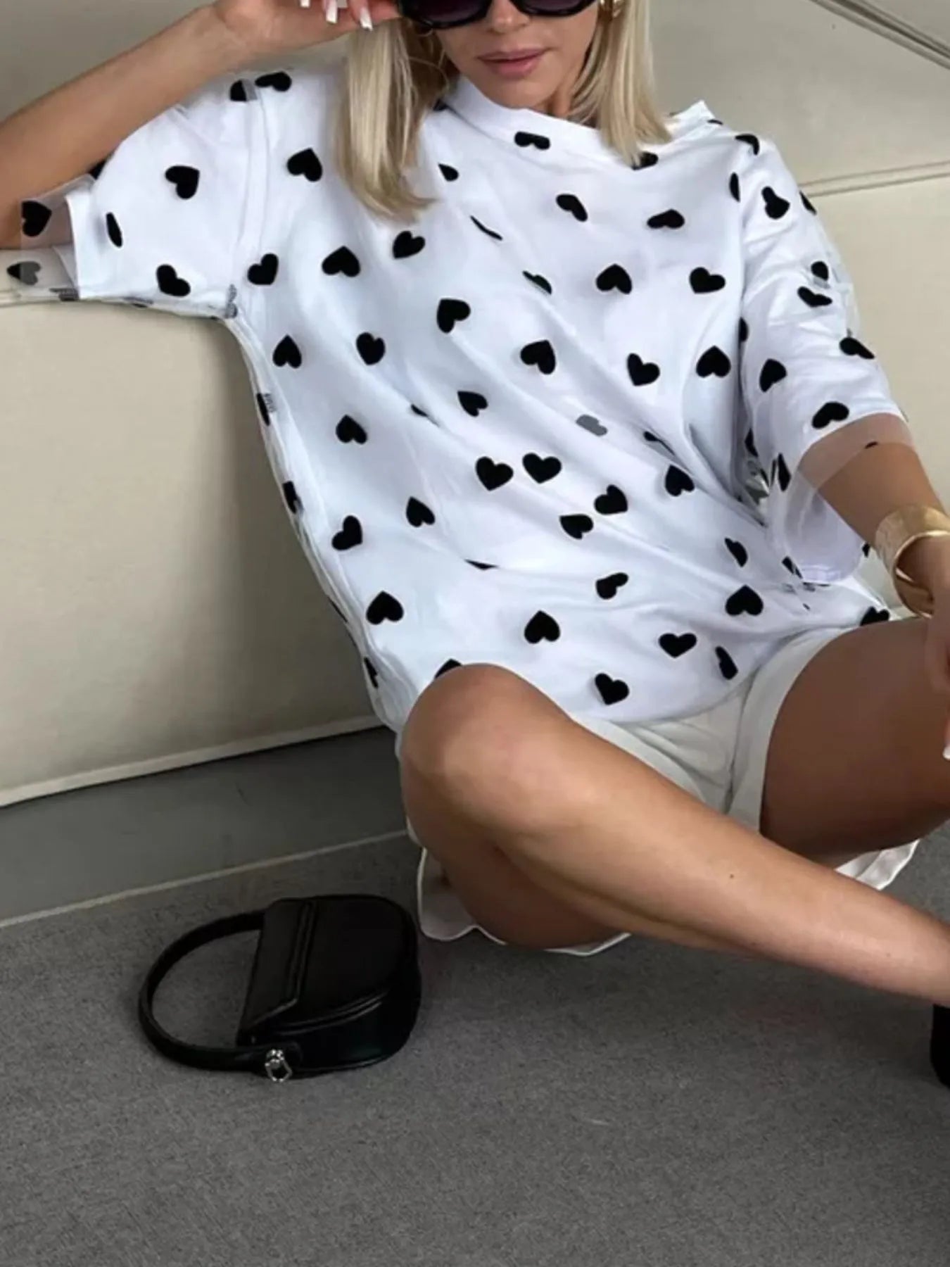 Heart Print Oversized T-Shirt - Fashorio