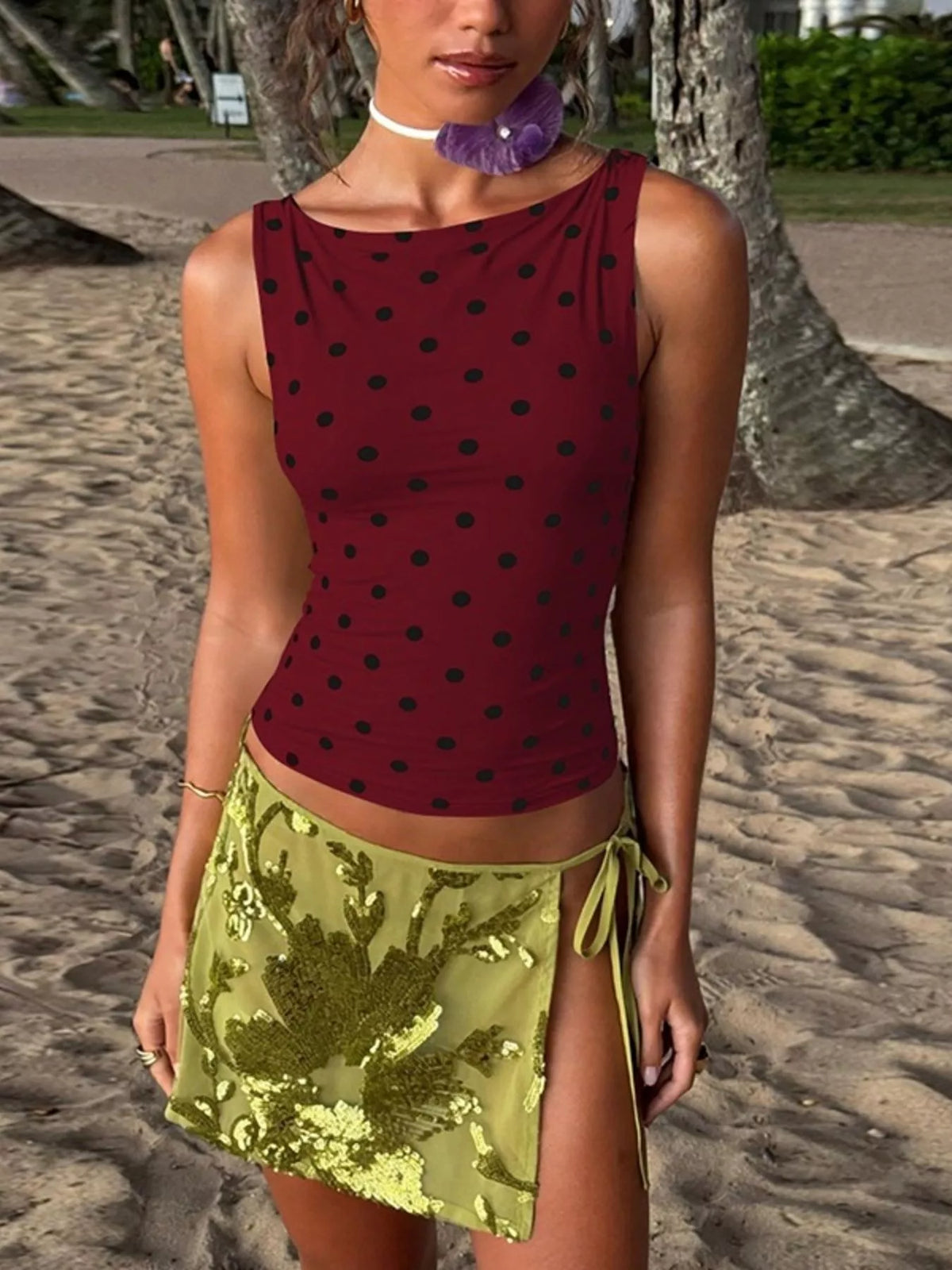 Colour range of the Sable polka dot ruched tank