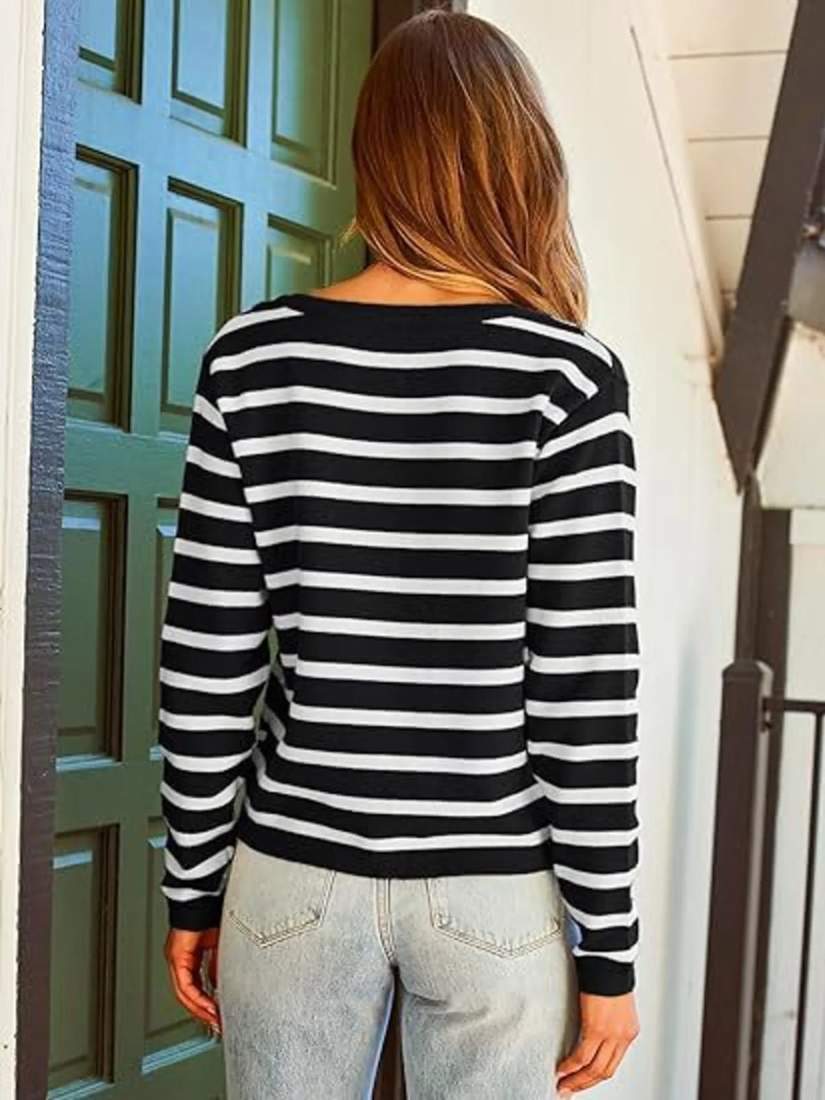 striped button up cardigan outfit styling