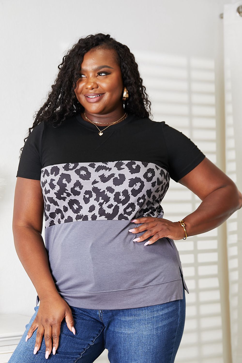 Double Take leopard color block short sleeve top front view