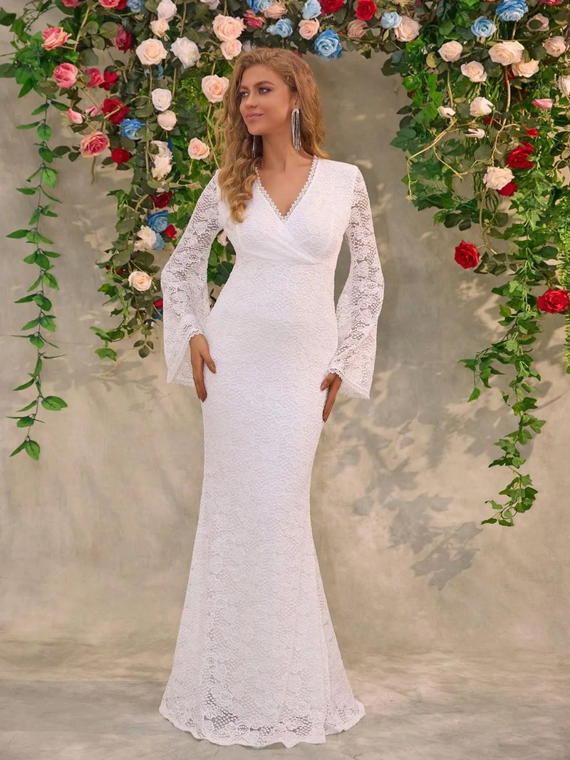 White lace surplice flare sleeve maxi dress front view