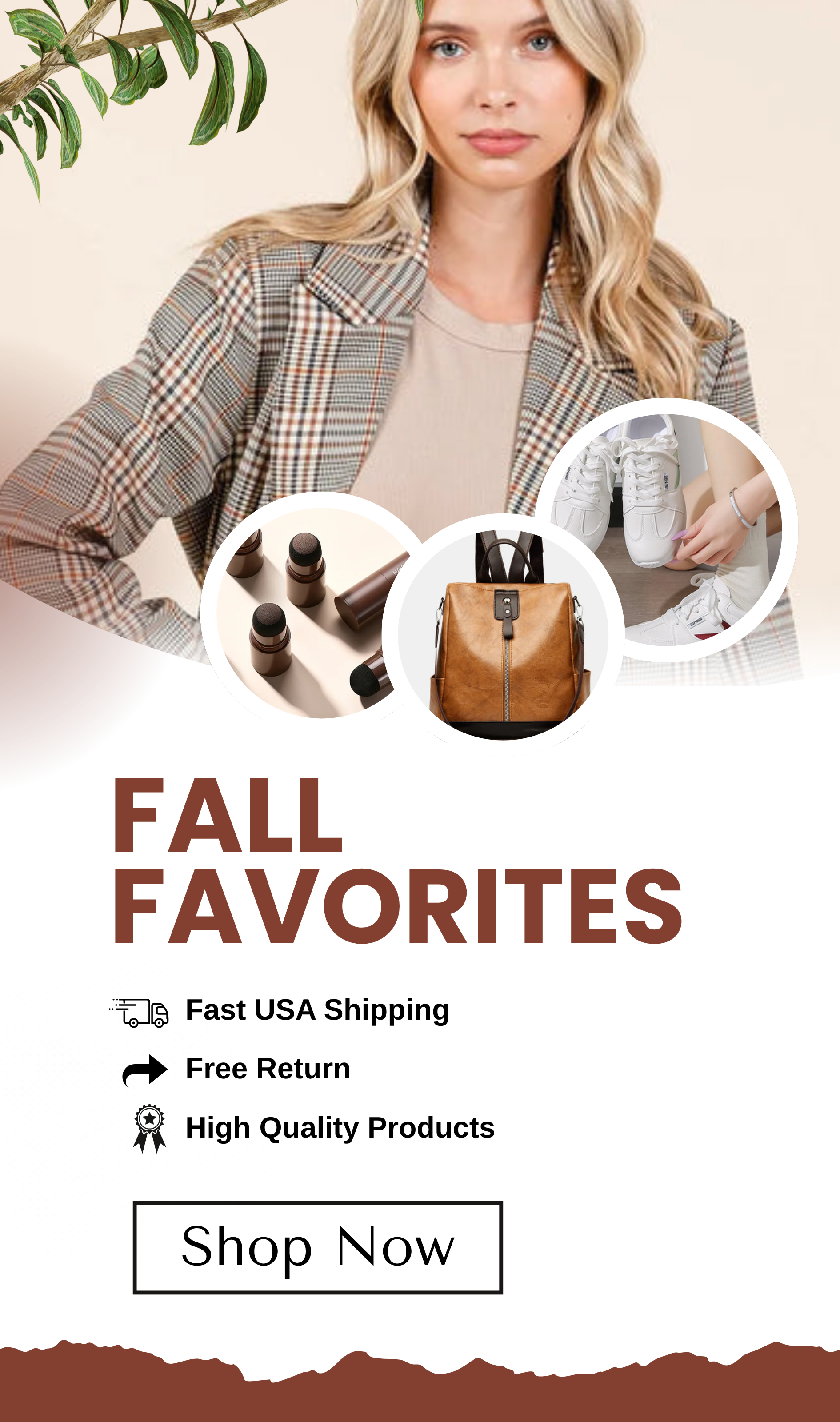 Promotional banner for 'Fall Favorites' with a woman, products, and shopping options.