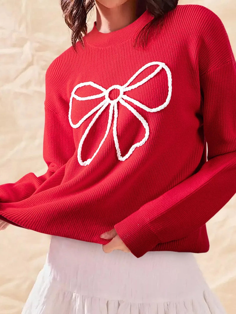 Deep Red bow ribbed sweater front view