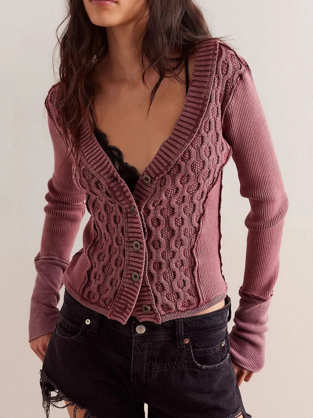 V-Neck Button Up Cropped Cardigan Moonlit Mauve - Fashorio