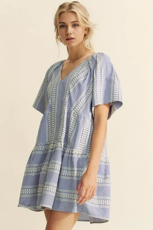 Embroidered Gingham Ruffle Mini Dress in Navy