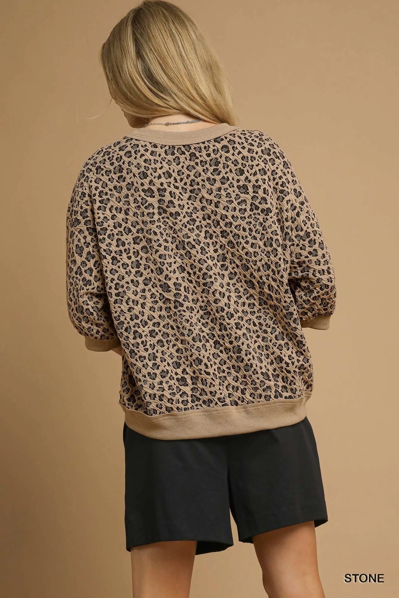 Umgee Leopard Knit Jacquard Puff Sleeve Sweatshirt - Fashorio