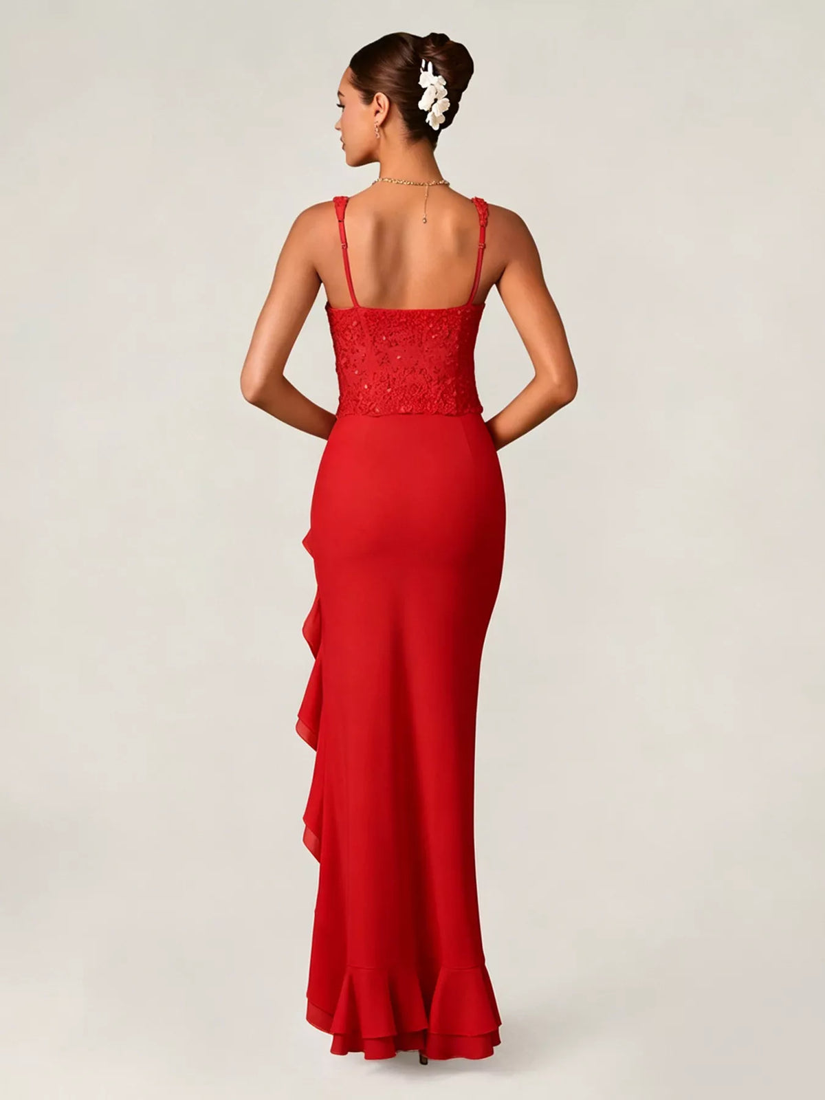 Sequin ruffle hem maxi dress, detail view