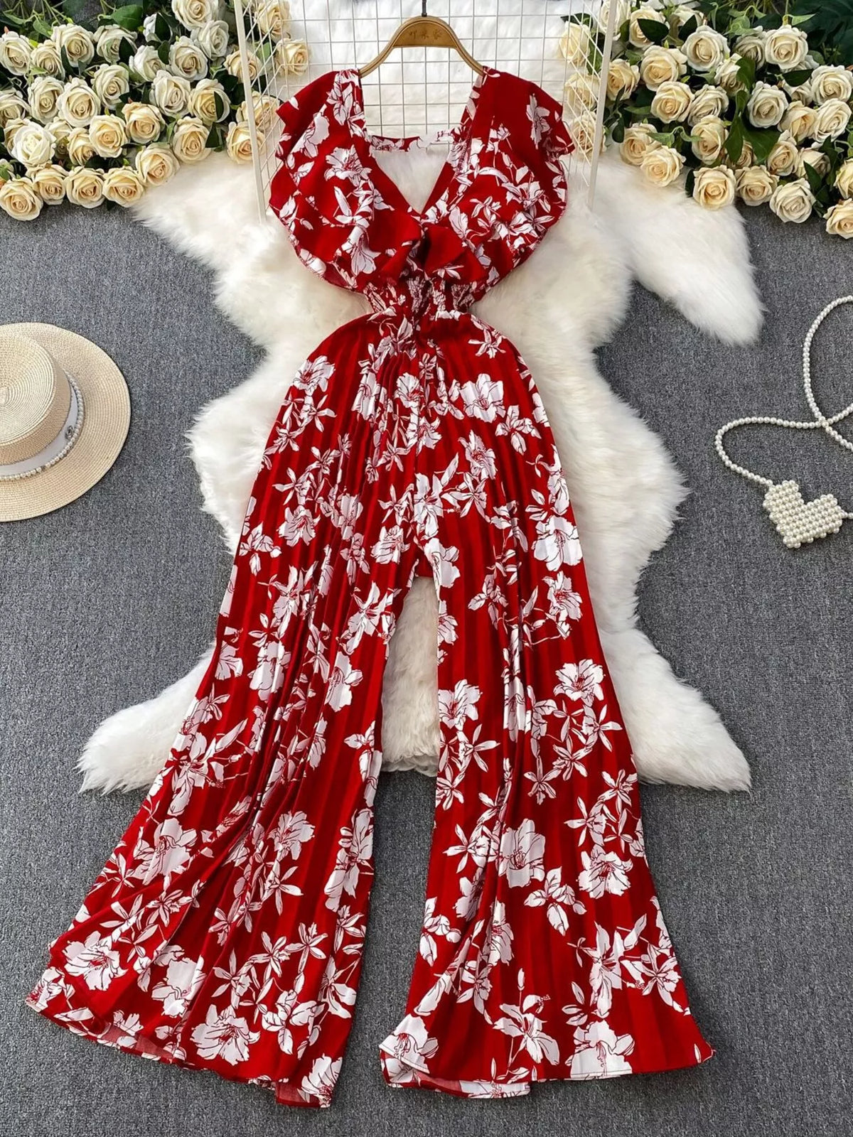 Floral print wide leg pleated jumpsuit styled view
