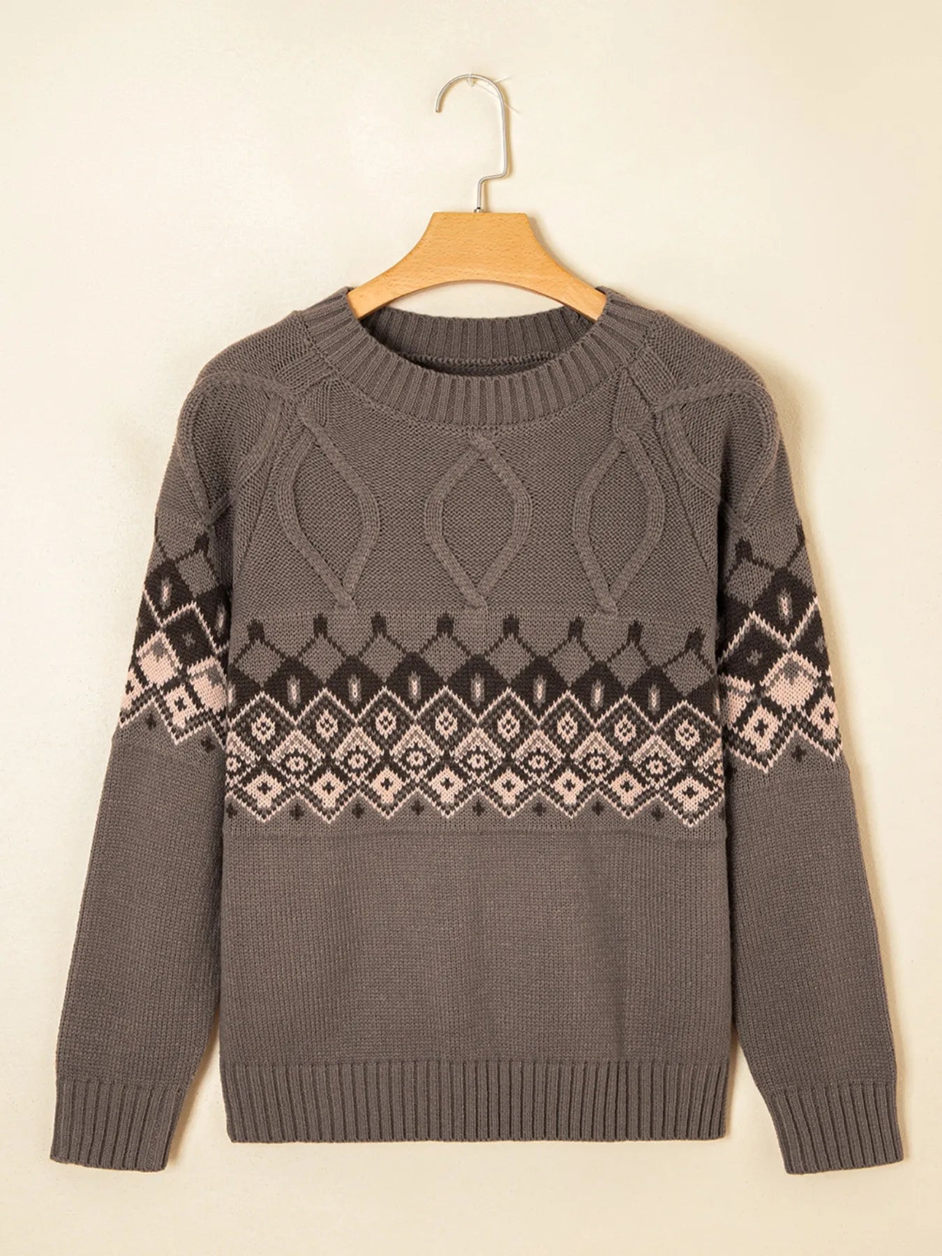 Geometric Round Neck Long Sleeve Sweater - Fashorio