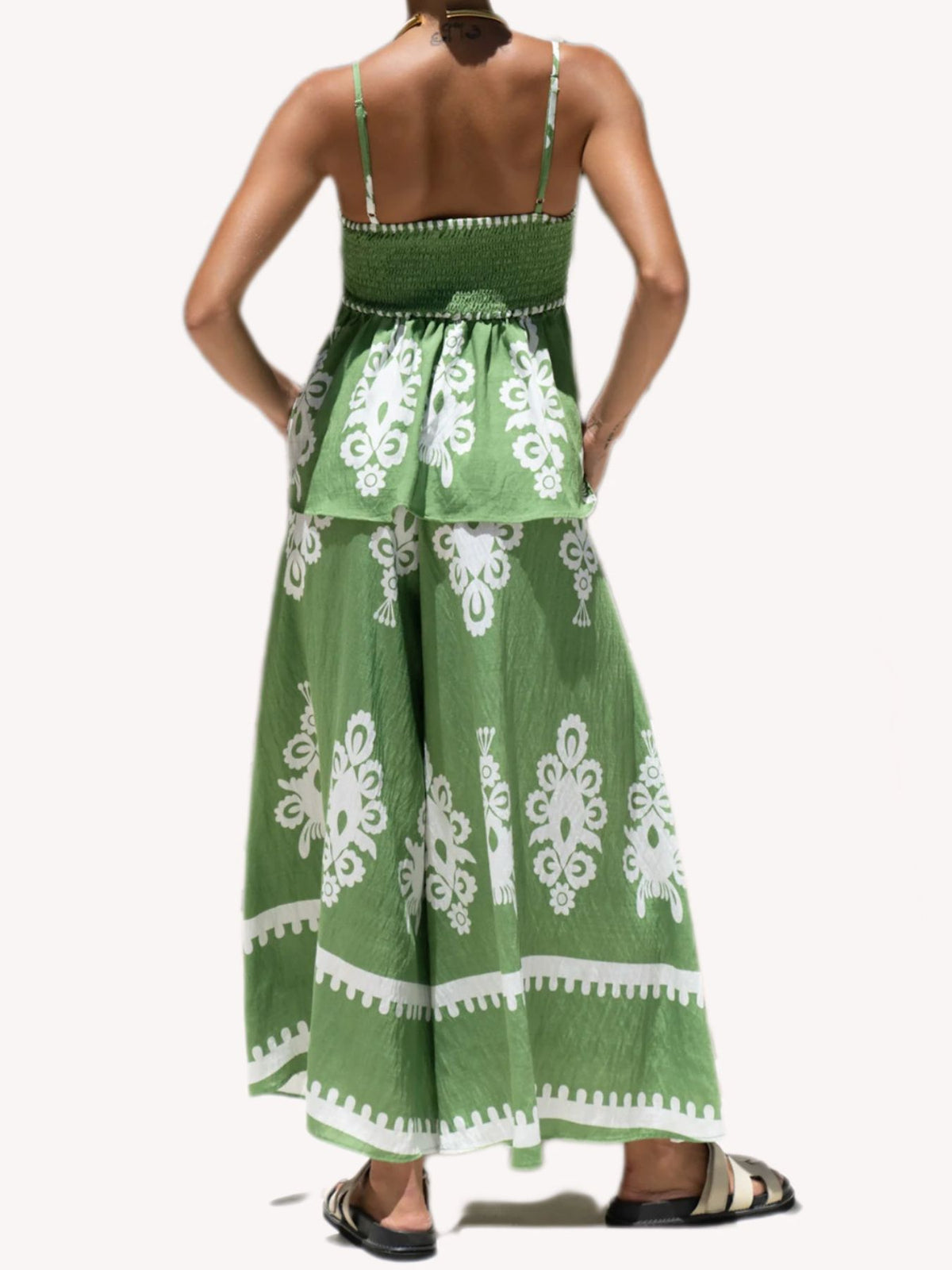 Printed smocked cami and wide leg pants set