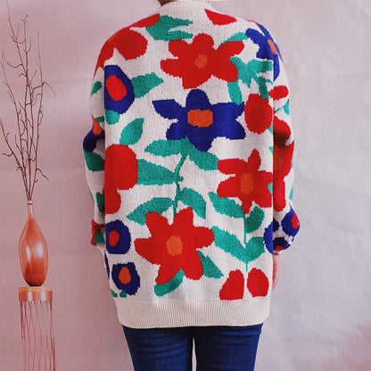 Floral Print Round Neck Drop Shoulder Sweater - Fashorio