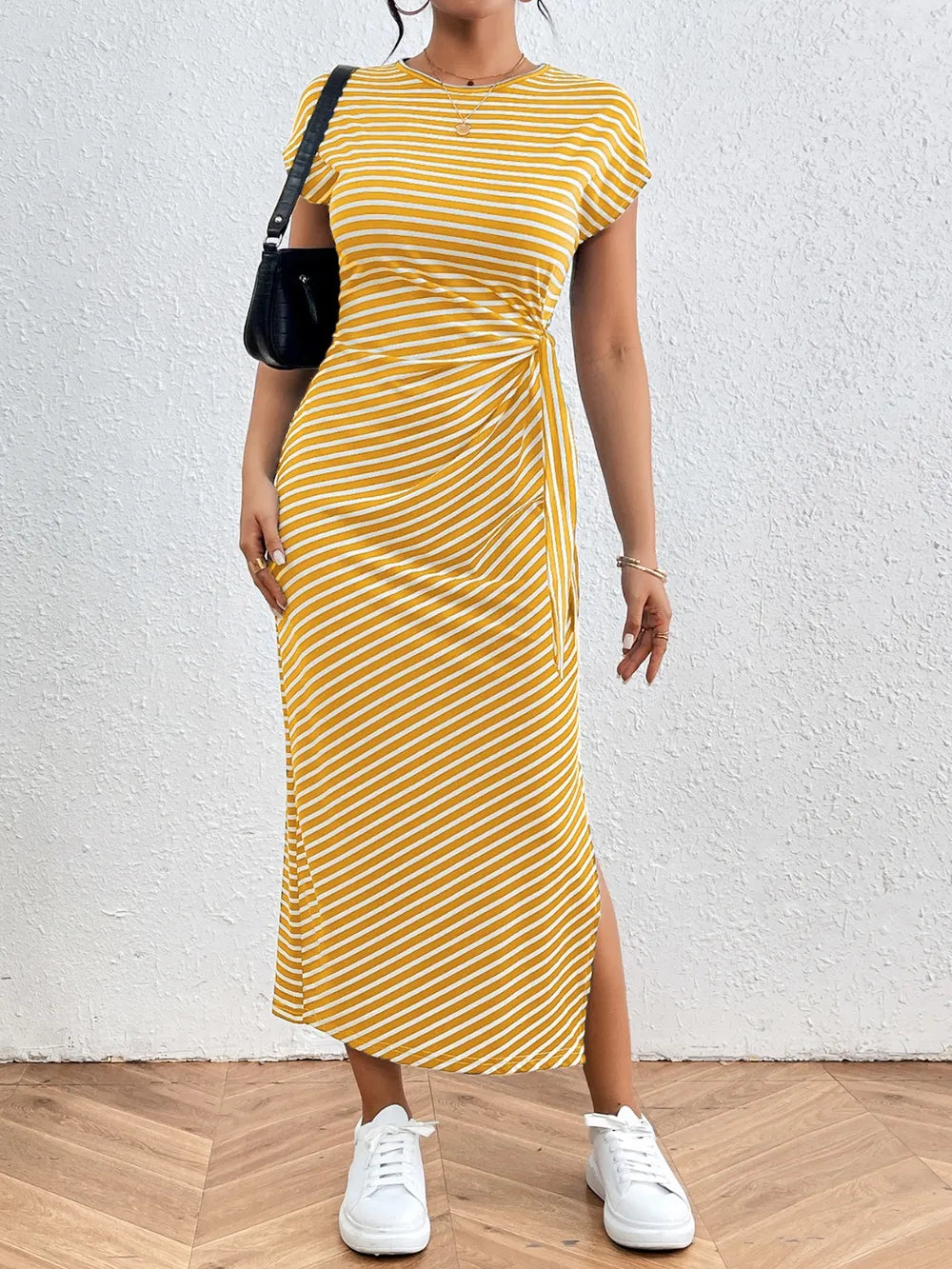 striped round neck short sleeve tee dress fabric texture