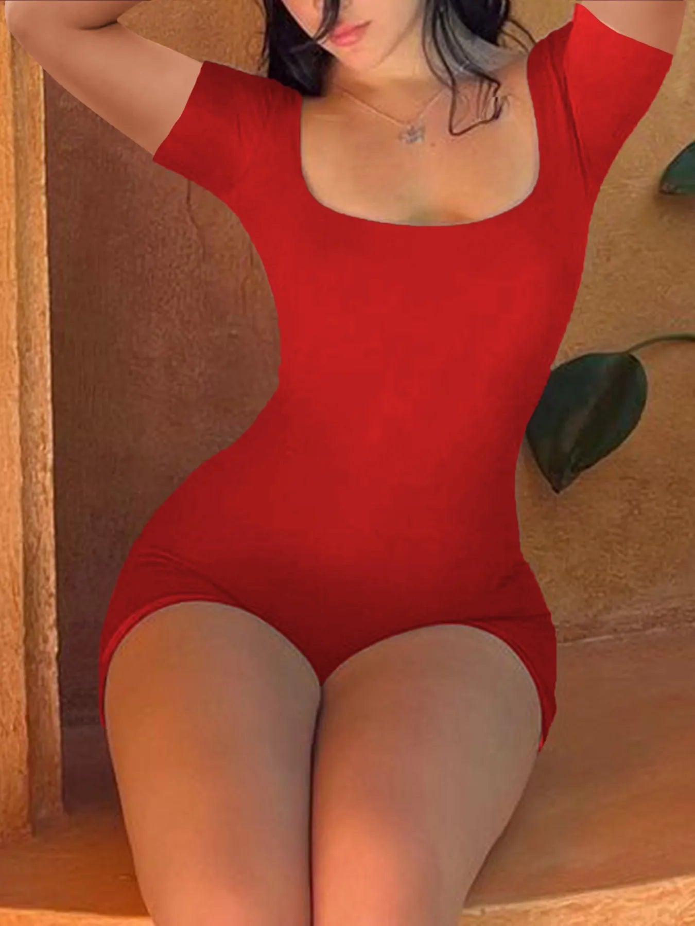 Lace Up Back Short Sleeve Romper Bright Red - Fashorio