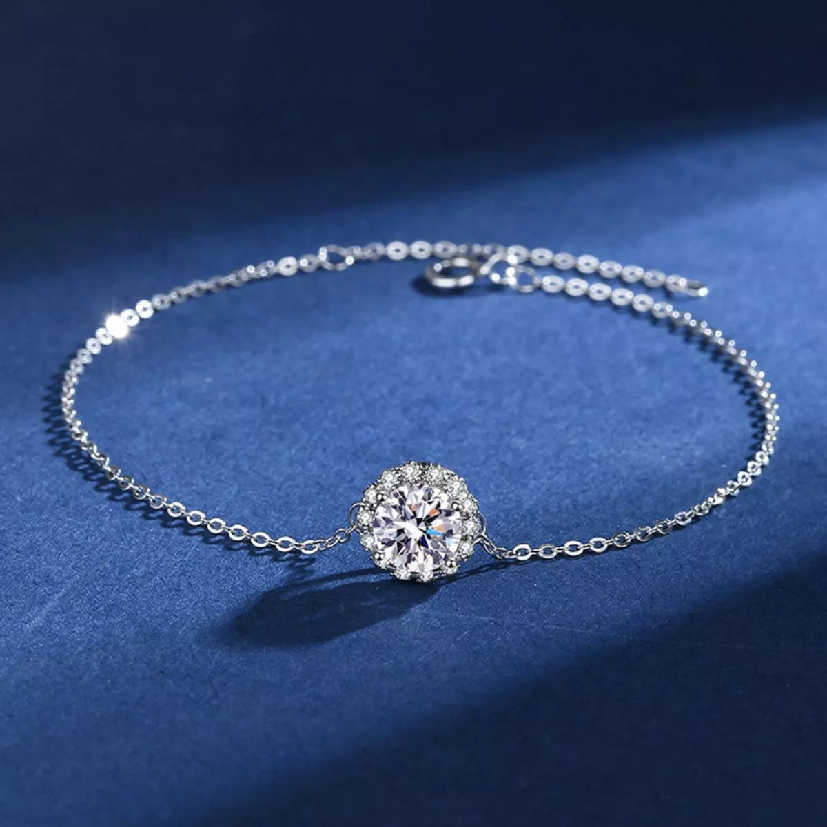 Extension chain detail on the sterling silver moissanite bracelet