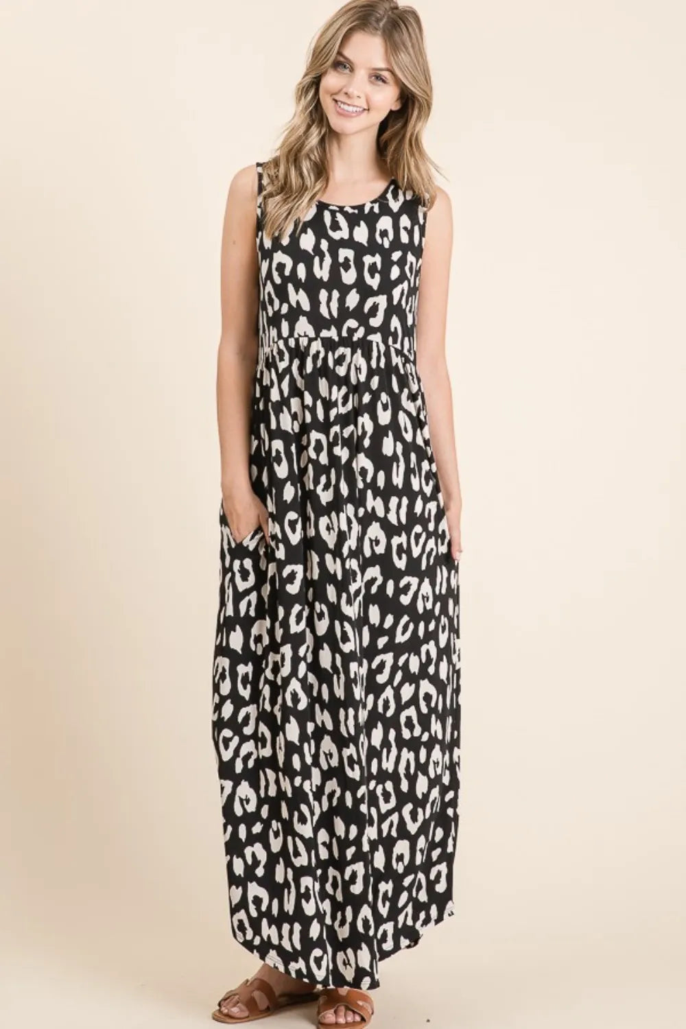 Black leopard print maxi dress with pockets full length view