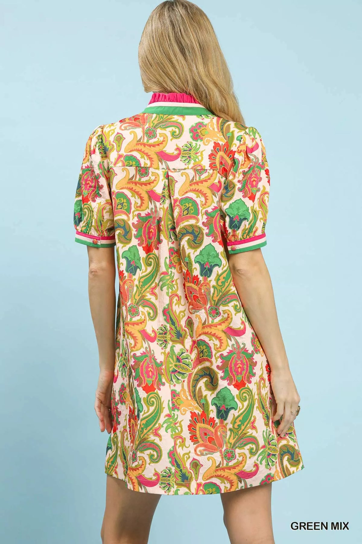 Green jacquard abstract print puff sleeve mini dress back view
