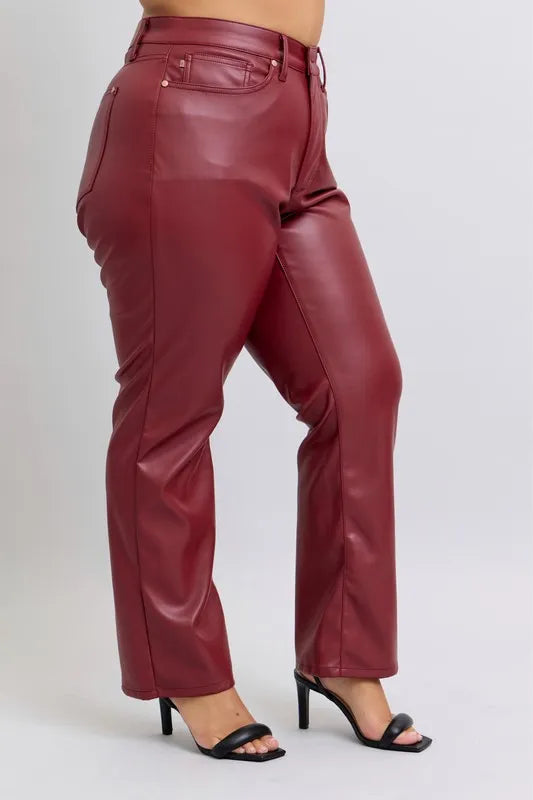 Judy Blue Full Size High Waist Tummy Control Faux Leather Straight Pants Plus Size - Fashorio
