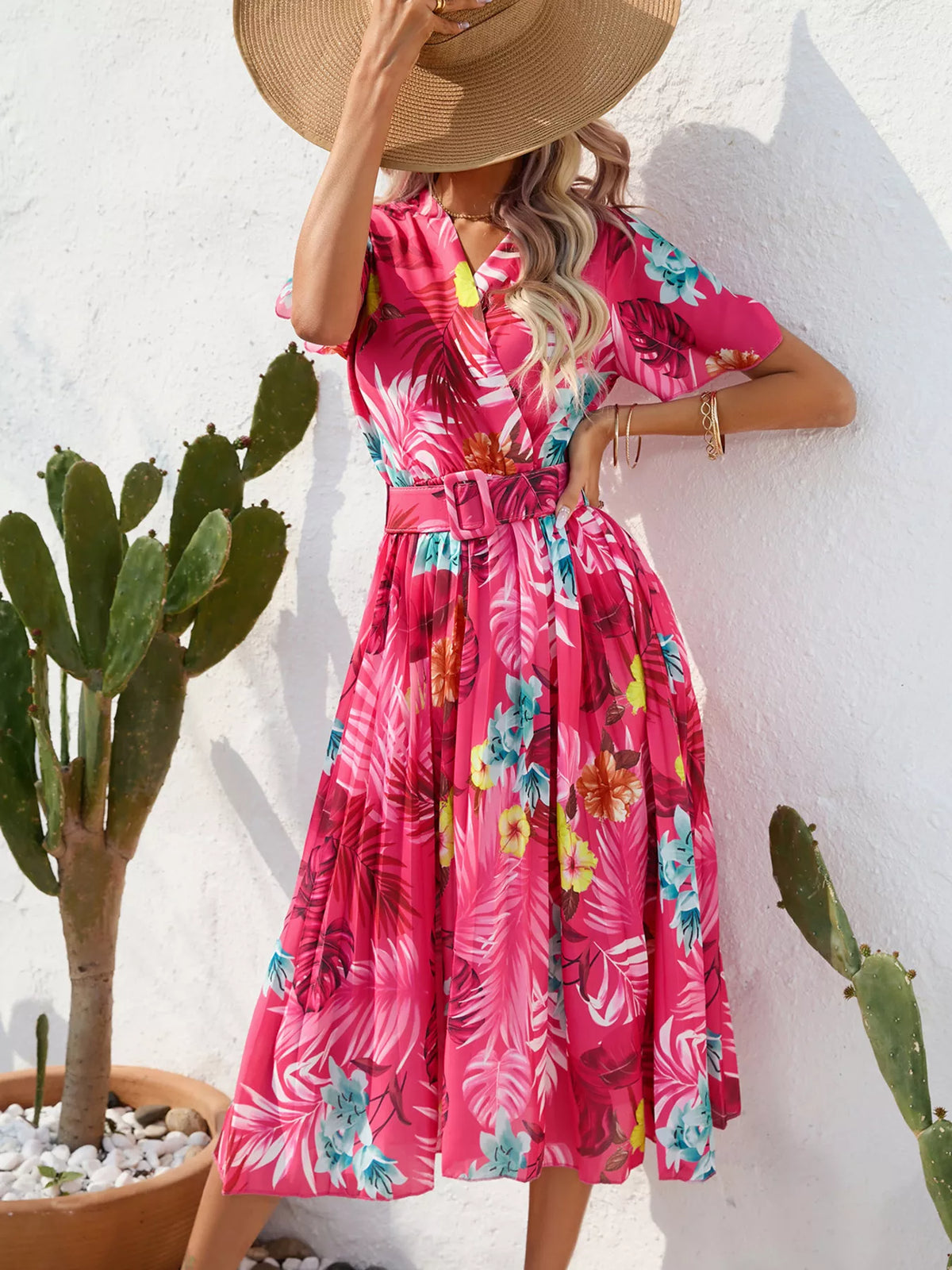 Pleated tropical print belted midi dress front view
