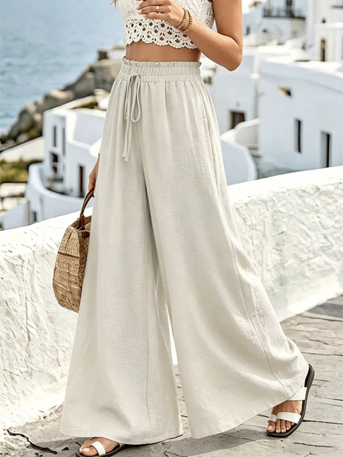 Apricot wide leg drawstring pants front view