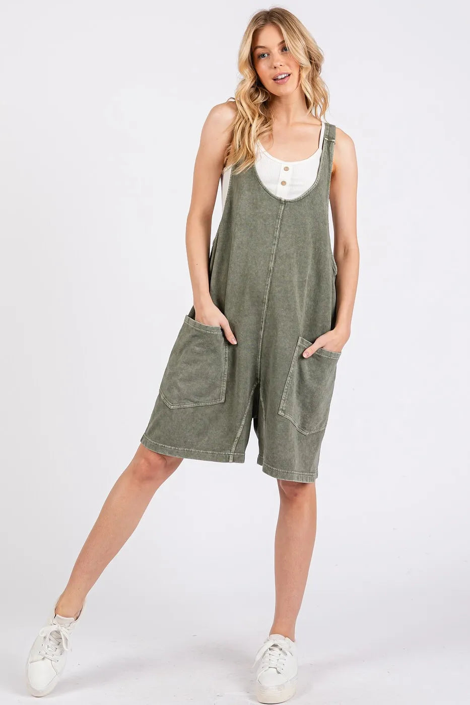Low Scoop Neck Tank Washed French Terry Romper on model