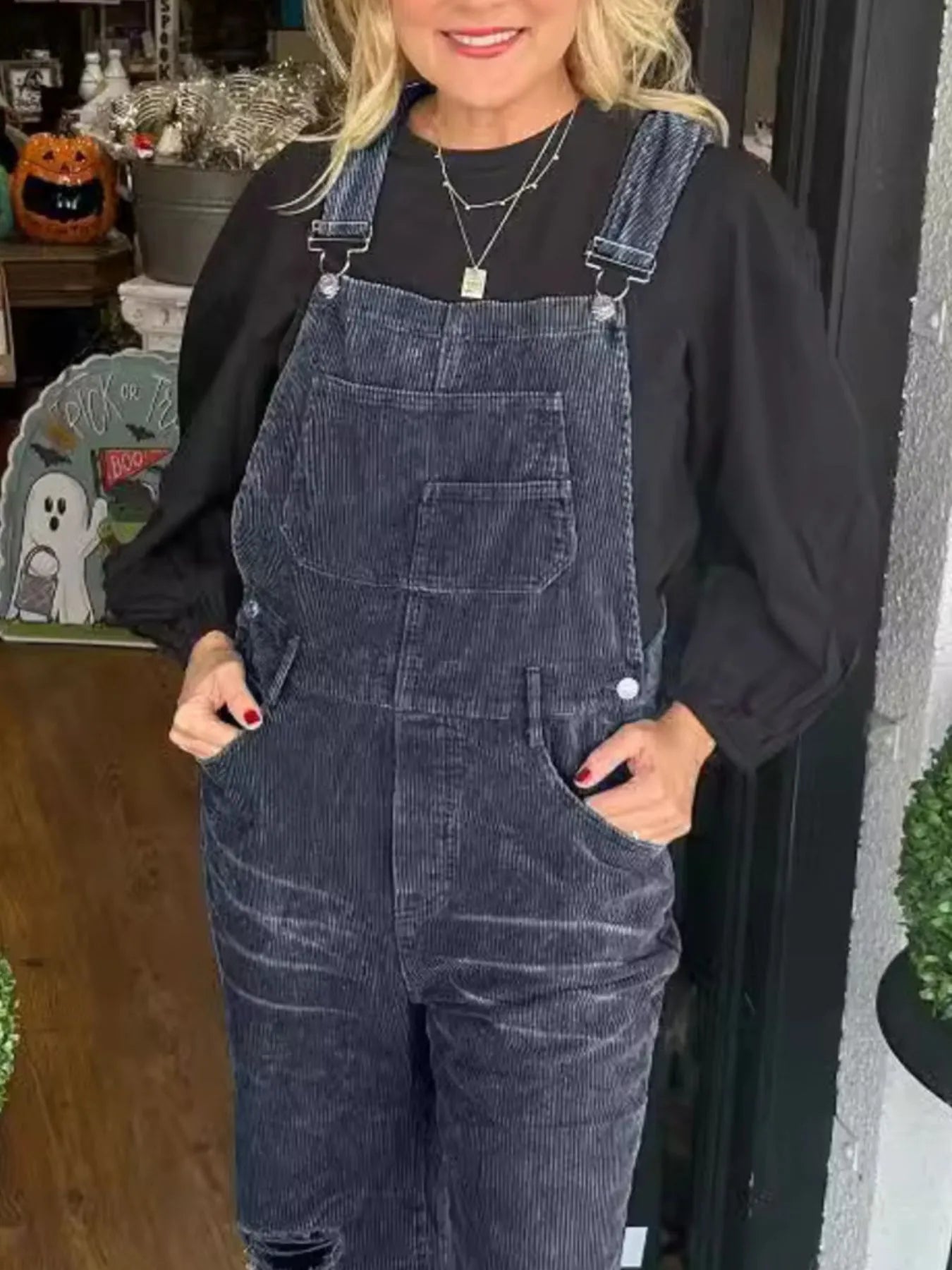 Distressed Wide Leg Corduroy Overalls - Fashorio