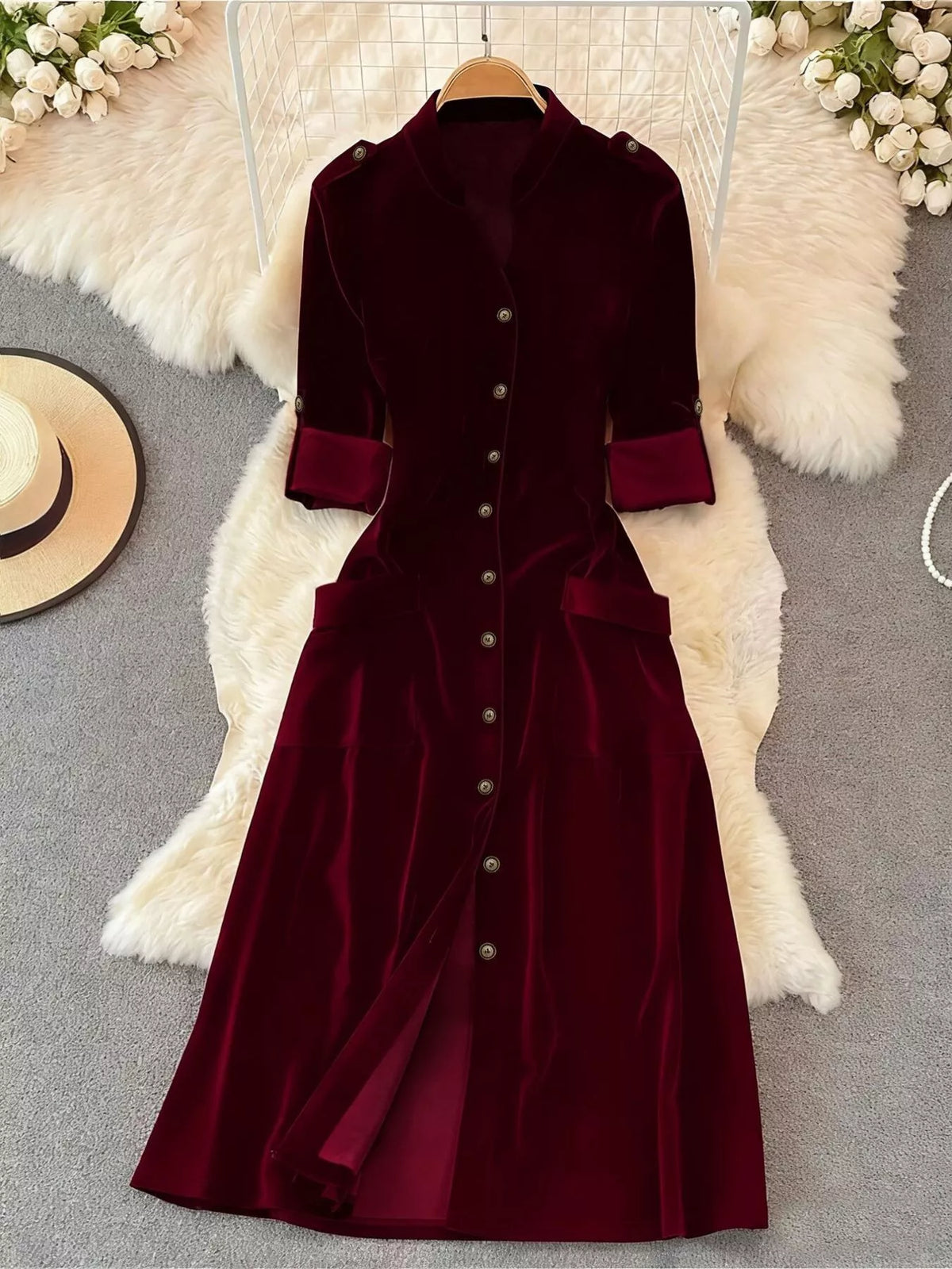velvet button front midi dress three quarter view