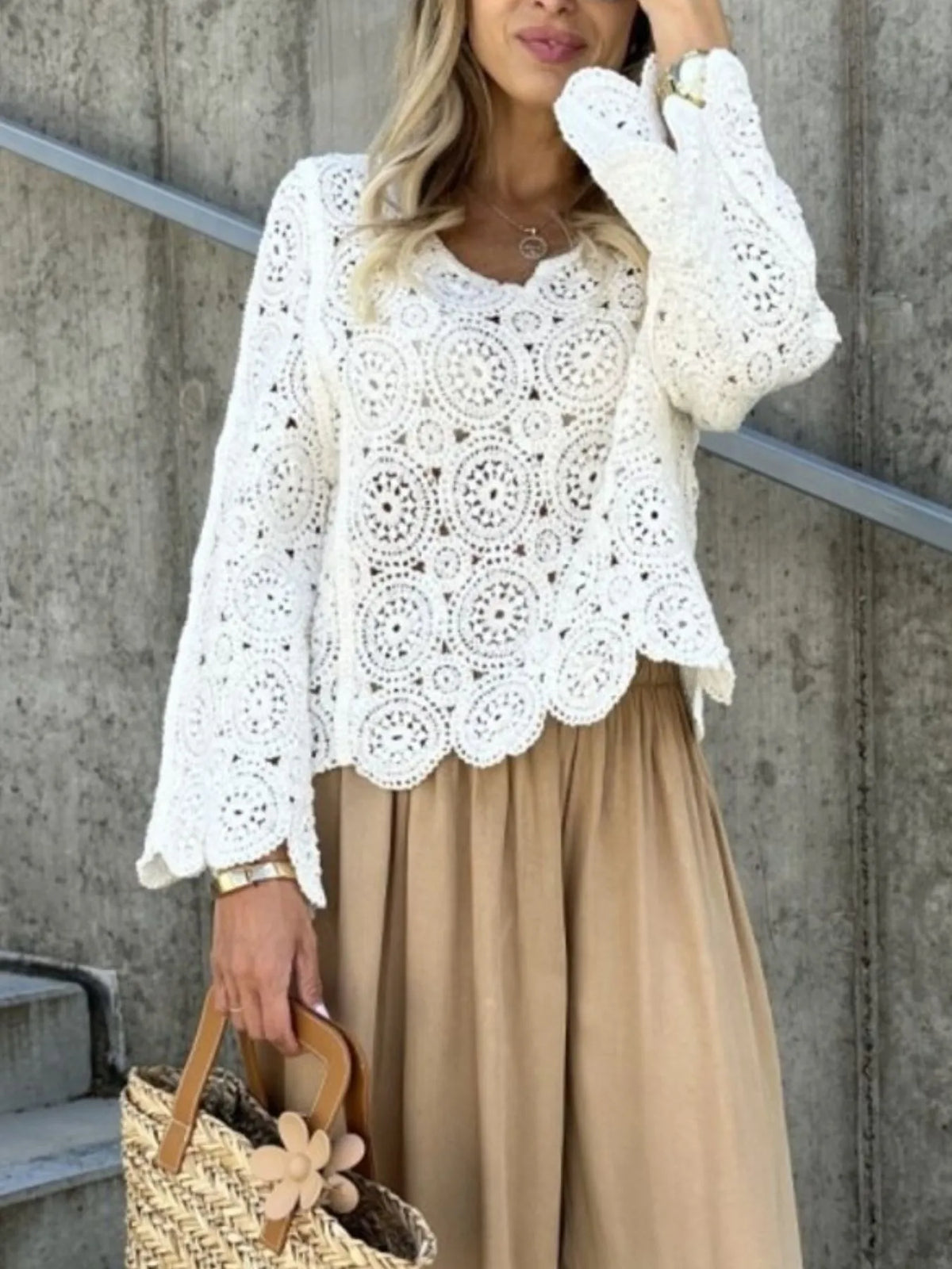 Crochet lace V neck bell sleeve top front view