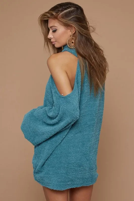 One Shoulder Turtleneck Sweater Knit Top in Teal back view