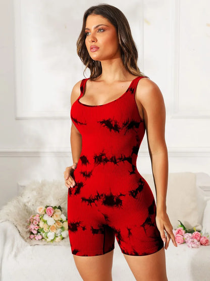 Tie-Dye Wide Strap Active Romper - Fashorio