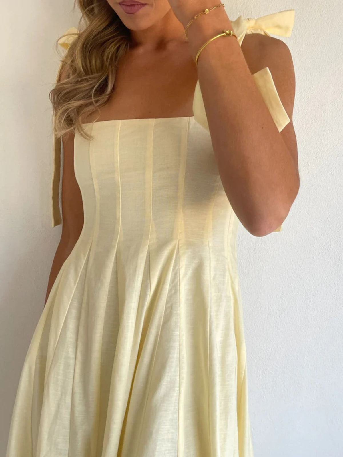 Gradient tie shoulder maxi dress seated pose