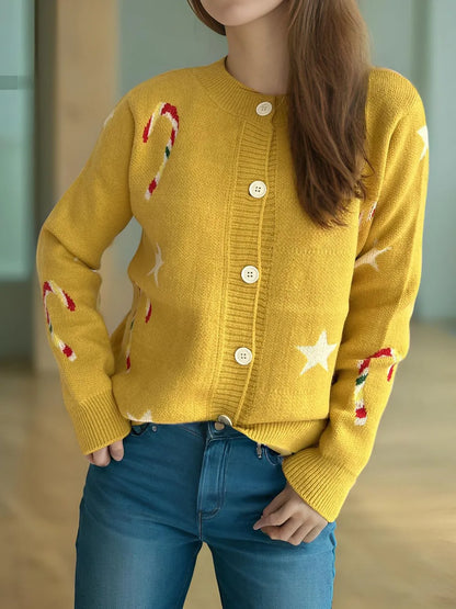 Candy Cane & Star Button Down Long Sleeve Cardigan - Fashorio