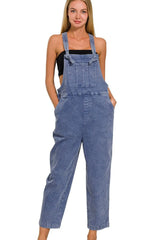 Zenana Washed Knot Strap Relaxed Fit Overalls BLACKBERRY - Fashorio