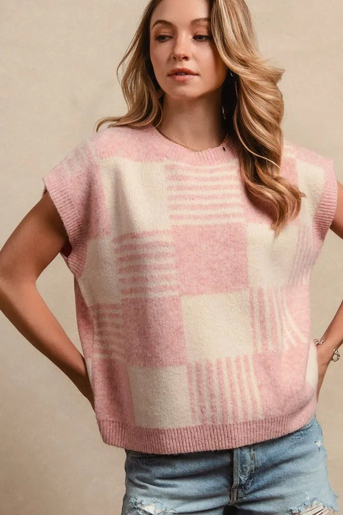 Blush Check and Stripe Sleeveless Sweater view 11