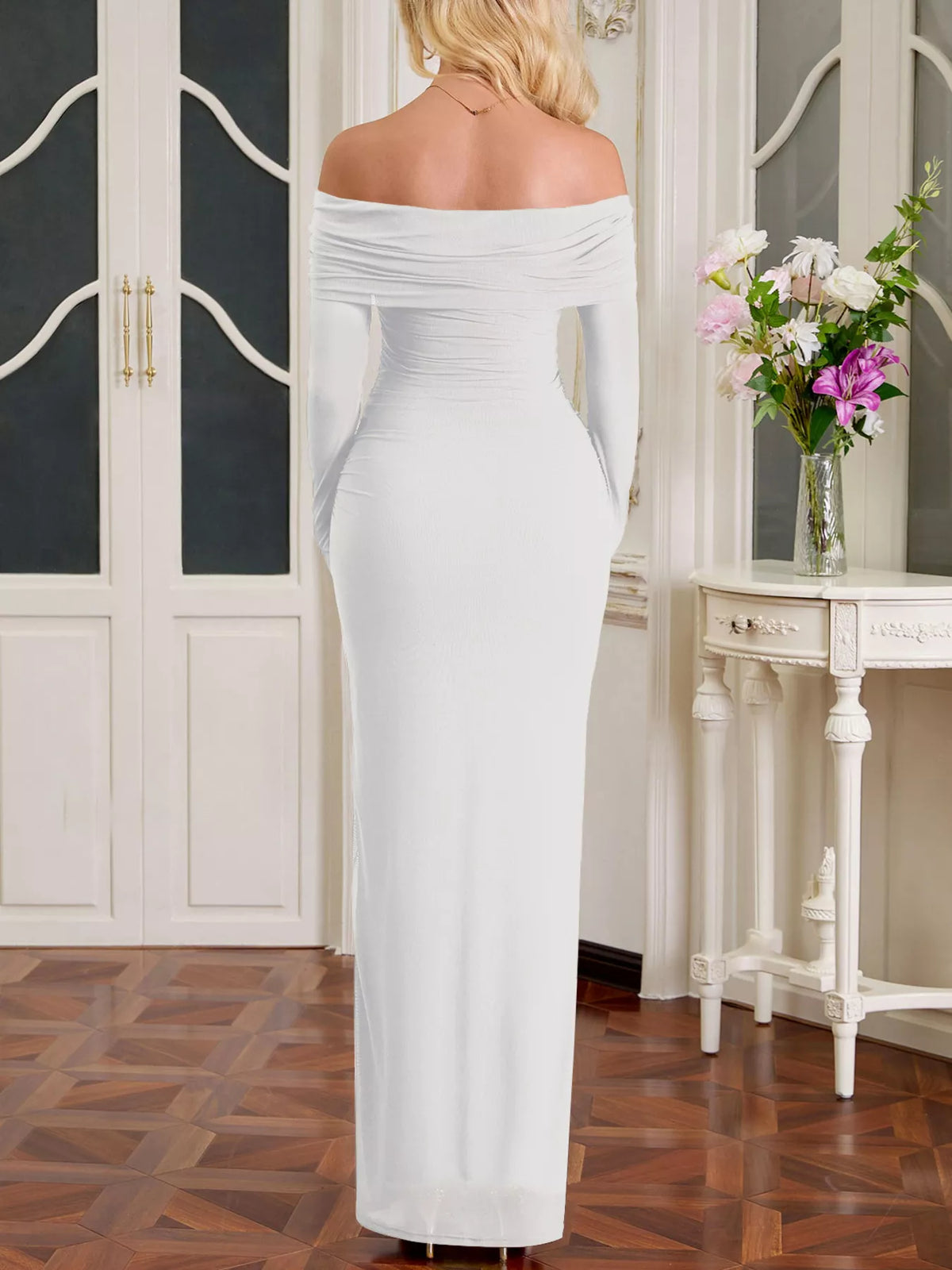 Off shoulder ruched maxi dress back view
