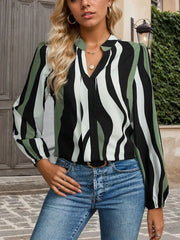 Striped Notched Long Sleeve Blouse Sage - Fashorio